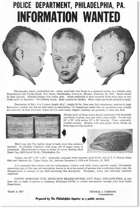 Photo Credit http://www.sott.net/article/283629-Unsolved-murder-Mysterious-1957-slaying-of-boy-found-in-cardboard-box-still-baffles-nation